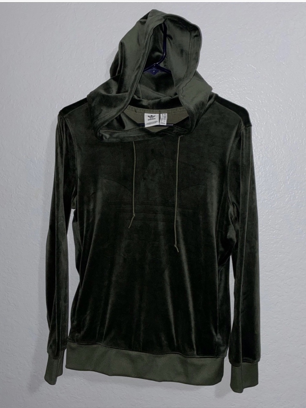 Adidas Green Velour Hooded Sweatshirt Hoodie Trefoil Logo Sz S Y2K Athleisure